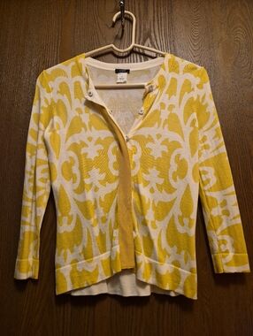 J. Crew Yellow and White Patterned Snap-Front Lightweight Cardigan XS